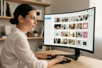 Professionnelle créative sélectionnant des ressources premium sur Elements Envato depuis son bureau moderne