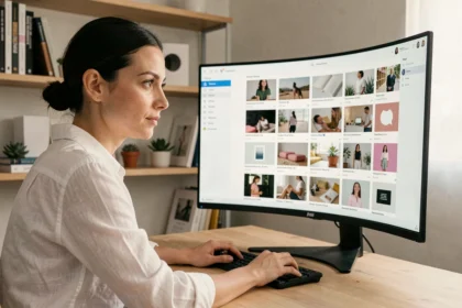 Professionnelle créative sélectionnant des ressources premium sur Elements Envato depuis son bureau moderne