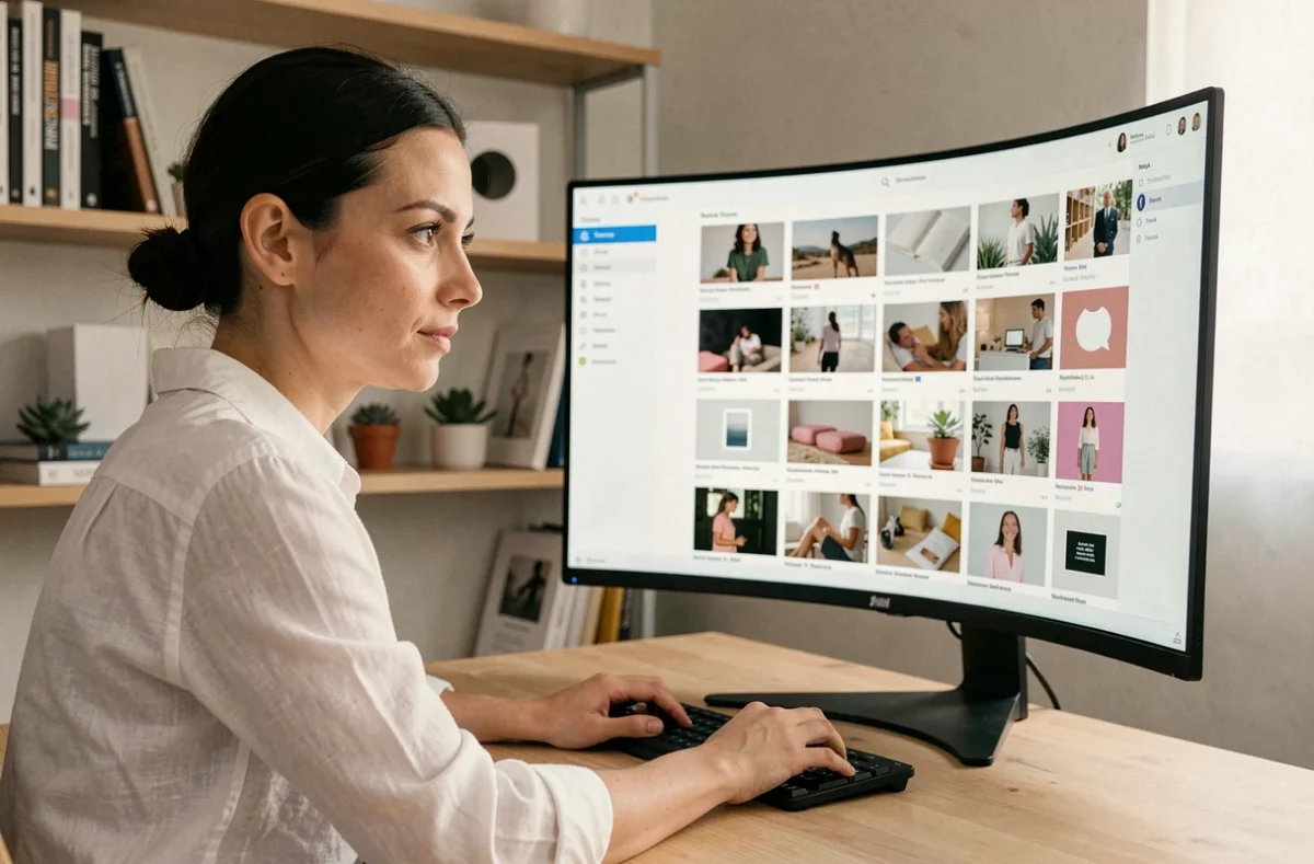 Professionnelle créative sélectionnant des ressources premium sur Elements Envato depuis son bureau moderne