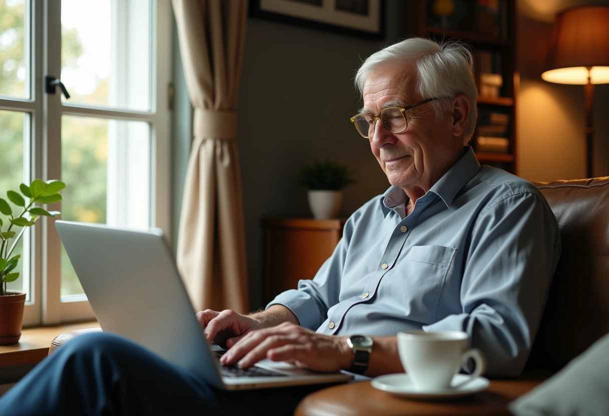 Personne âgée travaillant à domicile avec un ordinateur dans un cadre cosy