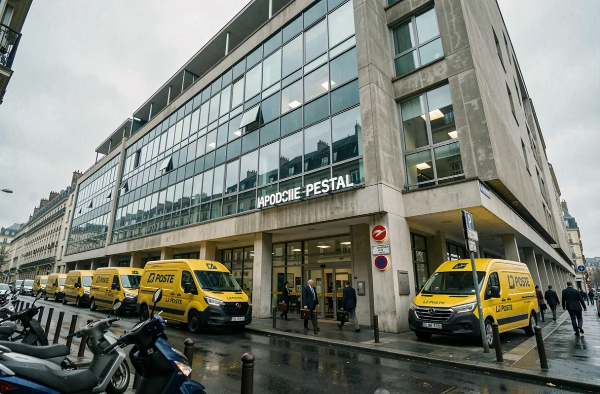 Façade du siège d'un grand groupe postal français avec des véhicules jaunes garés devant, illustrant l'univers institutionnel et financier de La Poste