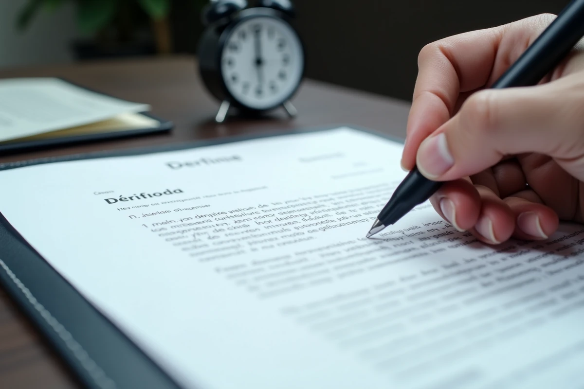 Gros plan d'une main signant une lettre de démission formelle sur un bureau professionnel