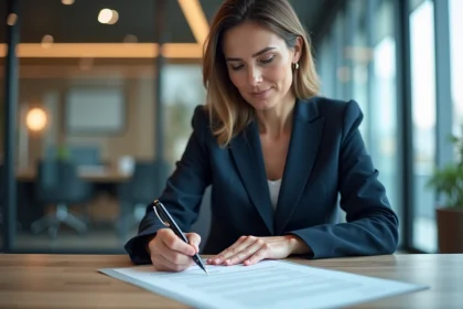 Femme cadre signant un document par procuration dans un bureau professionnel moderne