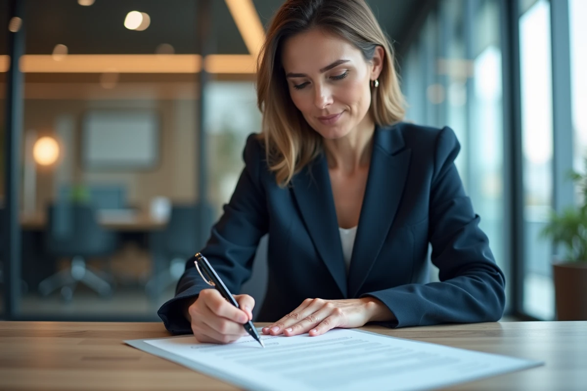 Femme cadre signant un document par procuration dans un bureau professionnel moderne
