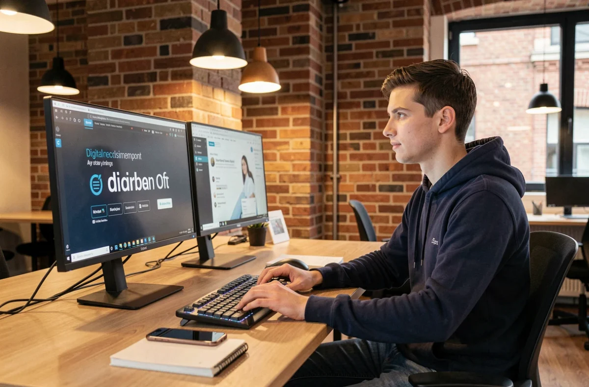 Recruteur digital de l'agence Slash Intérim travaillant sur des écrans dans un espace de coworking moderne à Lyon