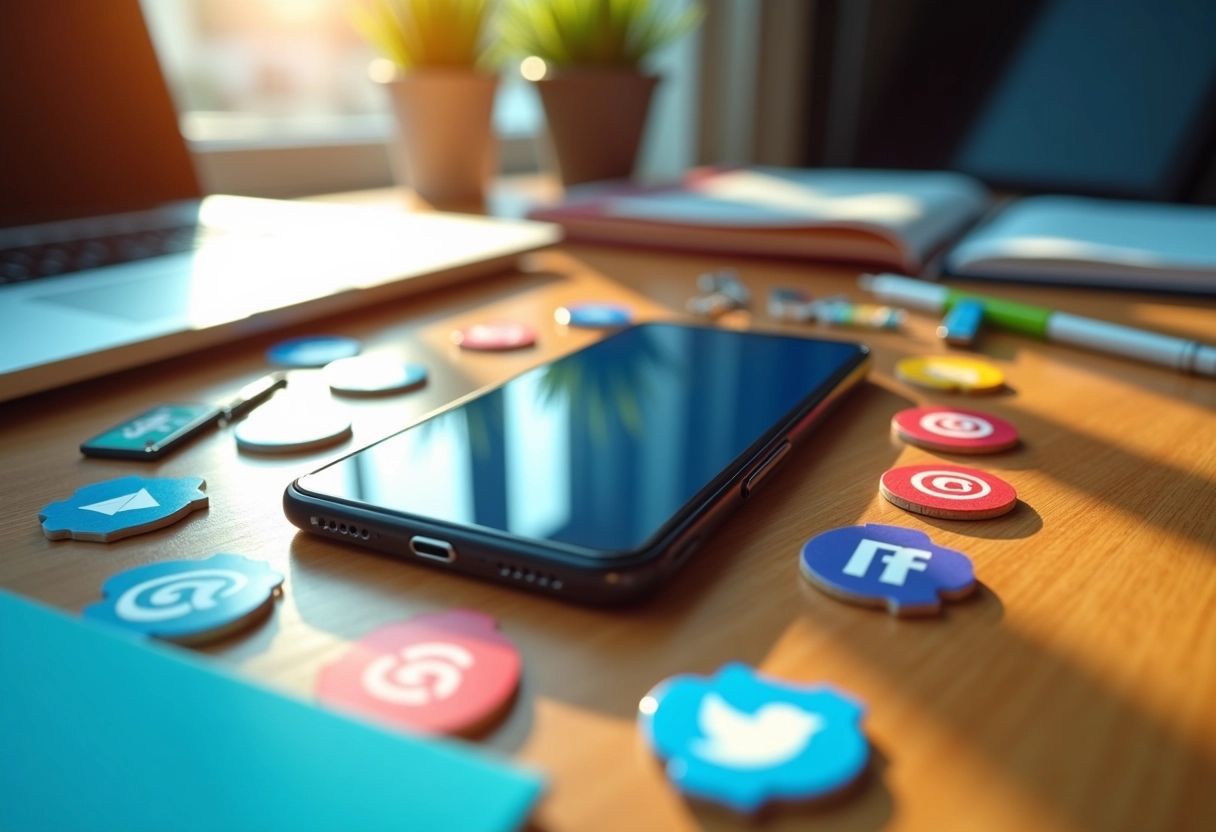 Smartphone sur bureau avec icones de réseaux sociaux et outils marketing