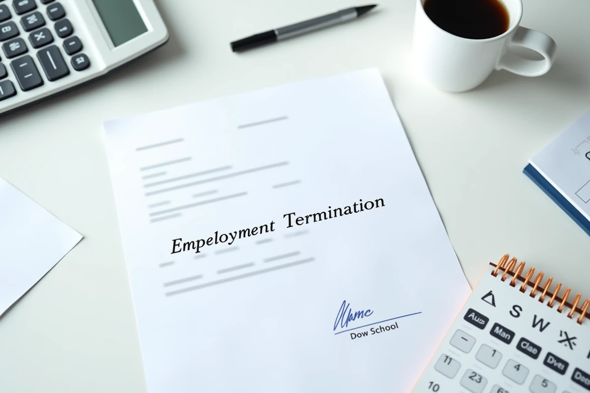 Lettre de solde de tout compte, calculatrice et calendrier posés sur un bureau administratif