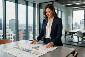 Femme d'affaires analysant une stratégie de croissance B2B dans une salle de conférence moderne