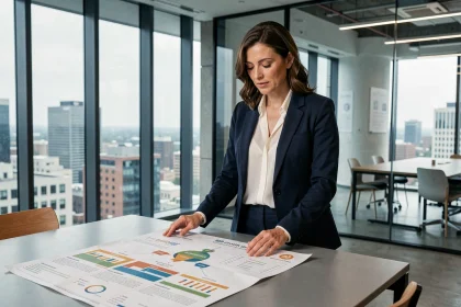 Femme d'affaires analysant une stratégie de croissance B2B dans une salle de conférence moderne