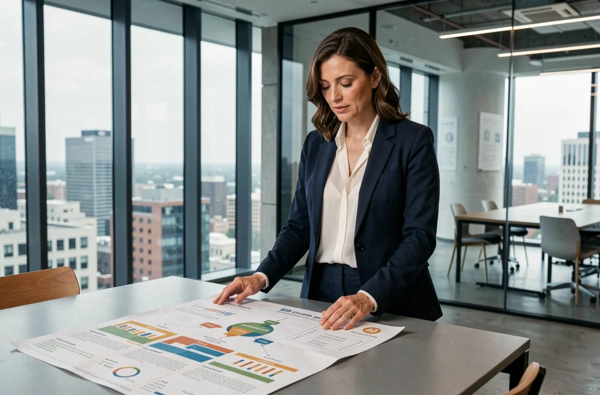 Femme d'affaires analysant une stratégie de croissance B2B dans une salle de conférence moderne