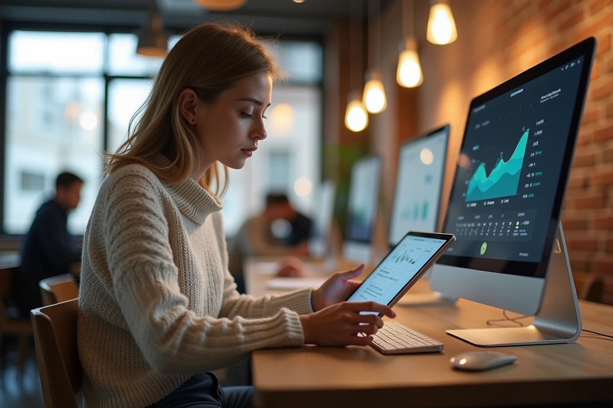 Jeune femme strategiste digitale analysant des donn&eacute;es