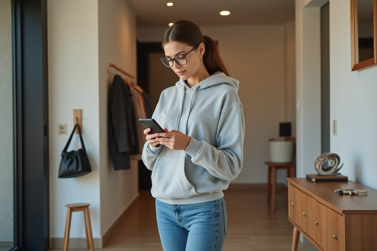 Femme consultant le suivi de colis Mondial Relay sur son smartphone depuis chez elle