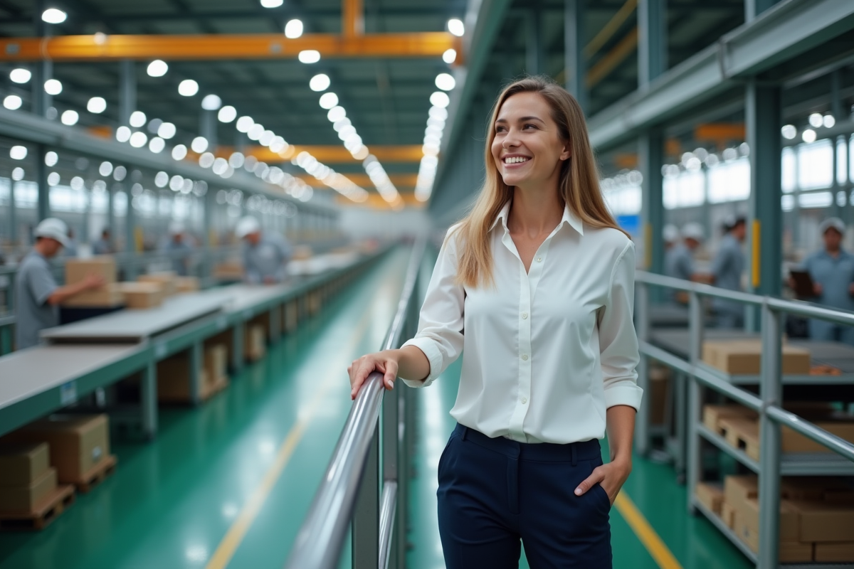 Jeune superviseure de production surveillant une ligne
