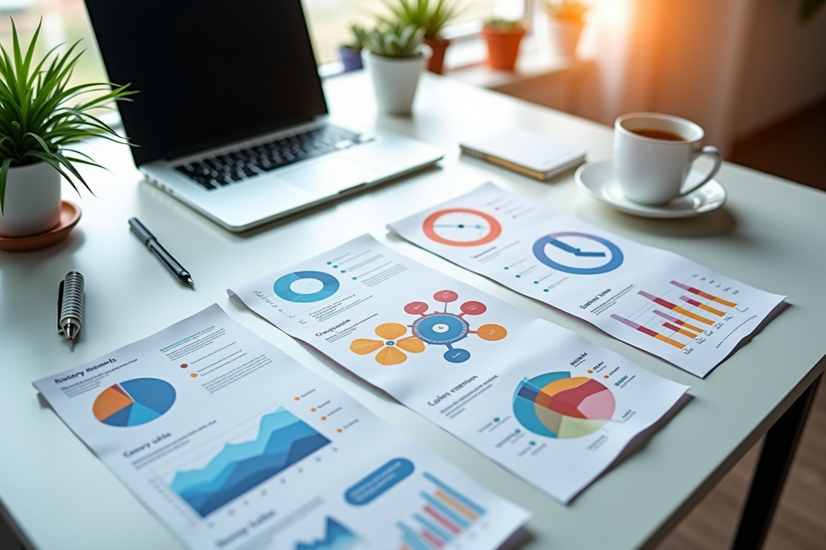 Plan de bureau avec infographies, ordinateur et accessoires lumineux