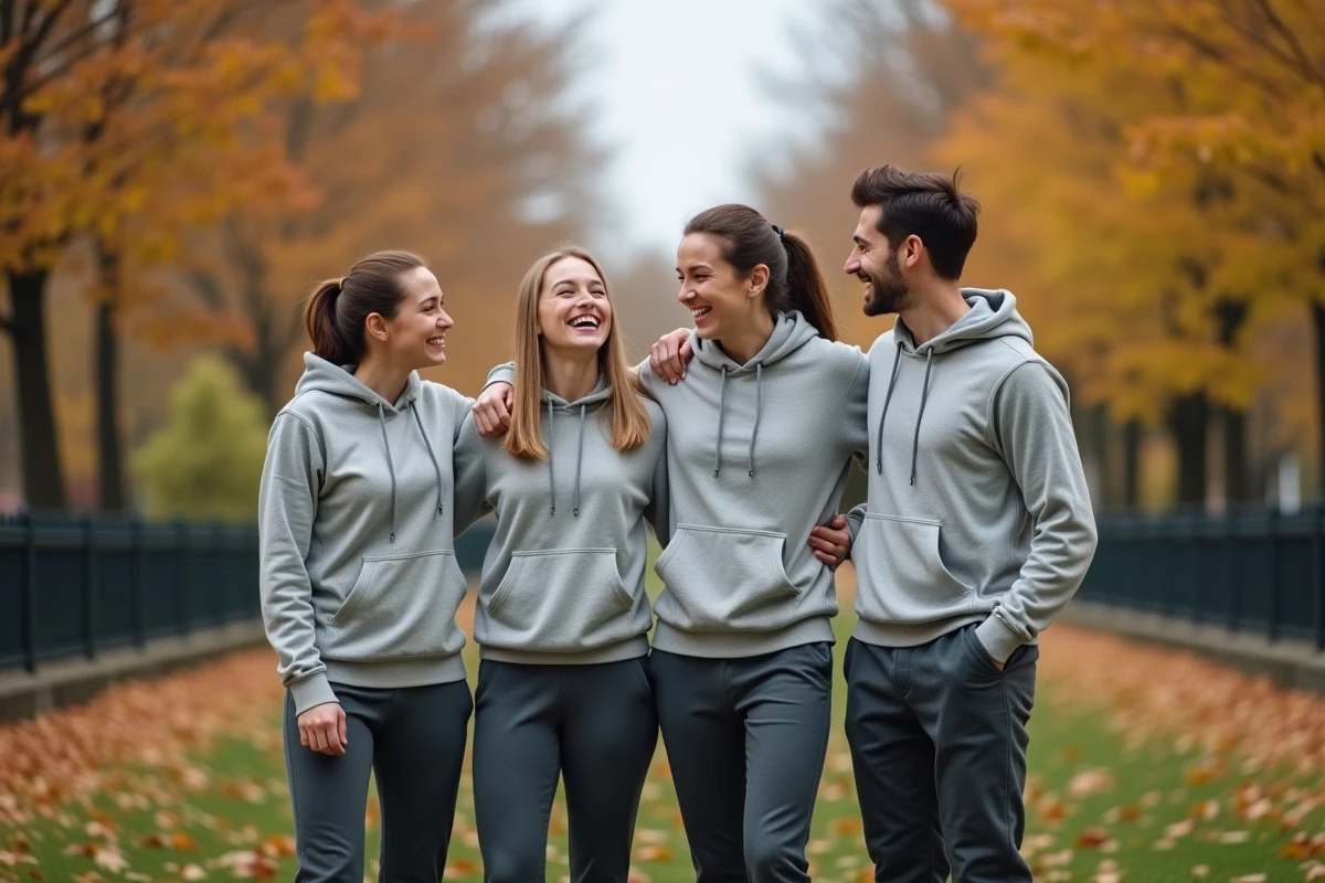 Équipe de quatre adultes en tenue de sport dans un parc automnal, se tenant par les épaules et riant ensemble lors d'une activité de team building