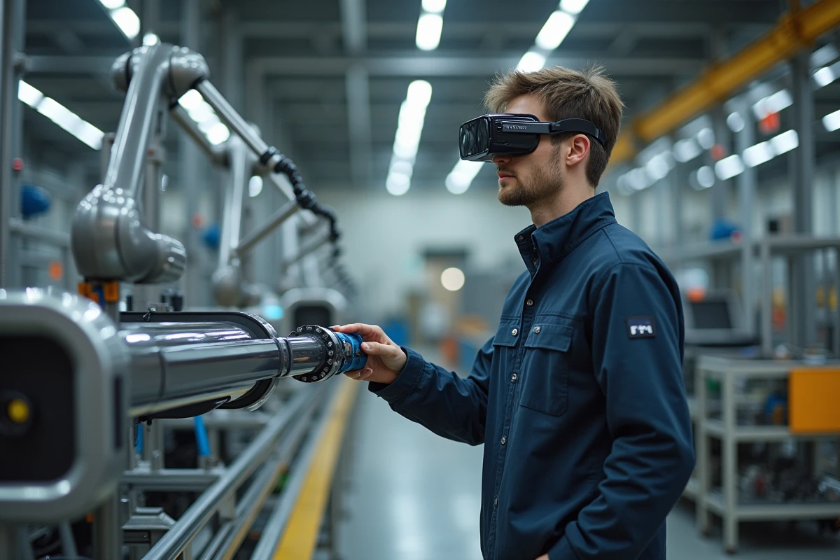 Jeune technicien installant un bras robotique en usine