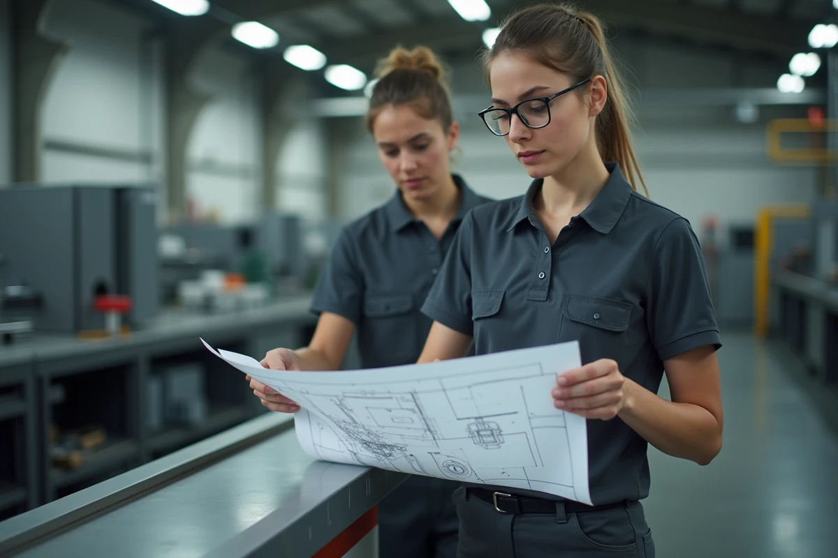 Jeune technicienne examine un plan mécanique au bureau