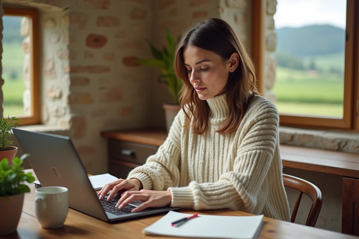 Femme en télétravail full remote depuis une maison de campagne en France avec vue sur la nature