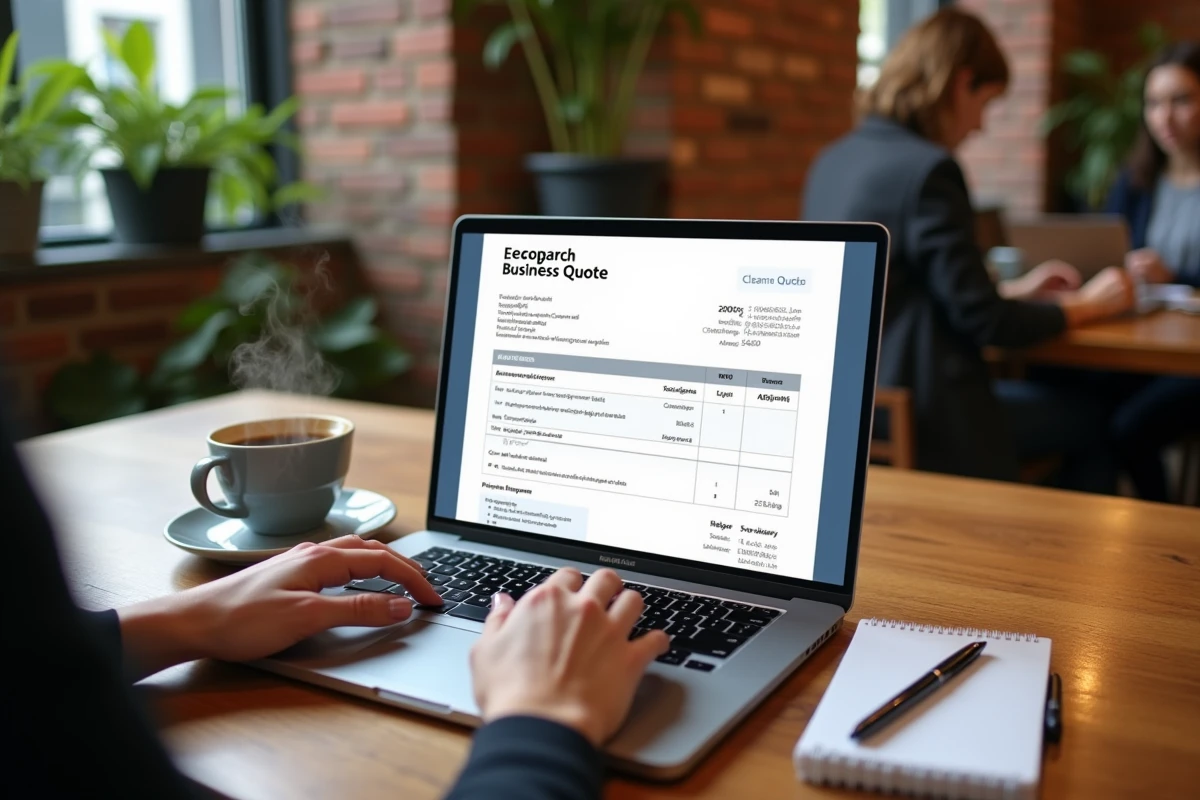 Écran d'ordinateur affichant un template de devis gratuit avec conditions générales en français dans un espace de coworking