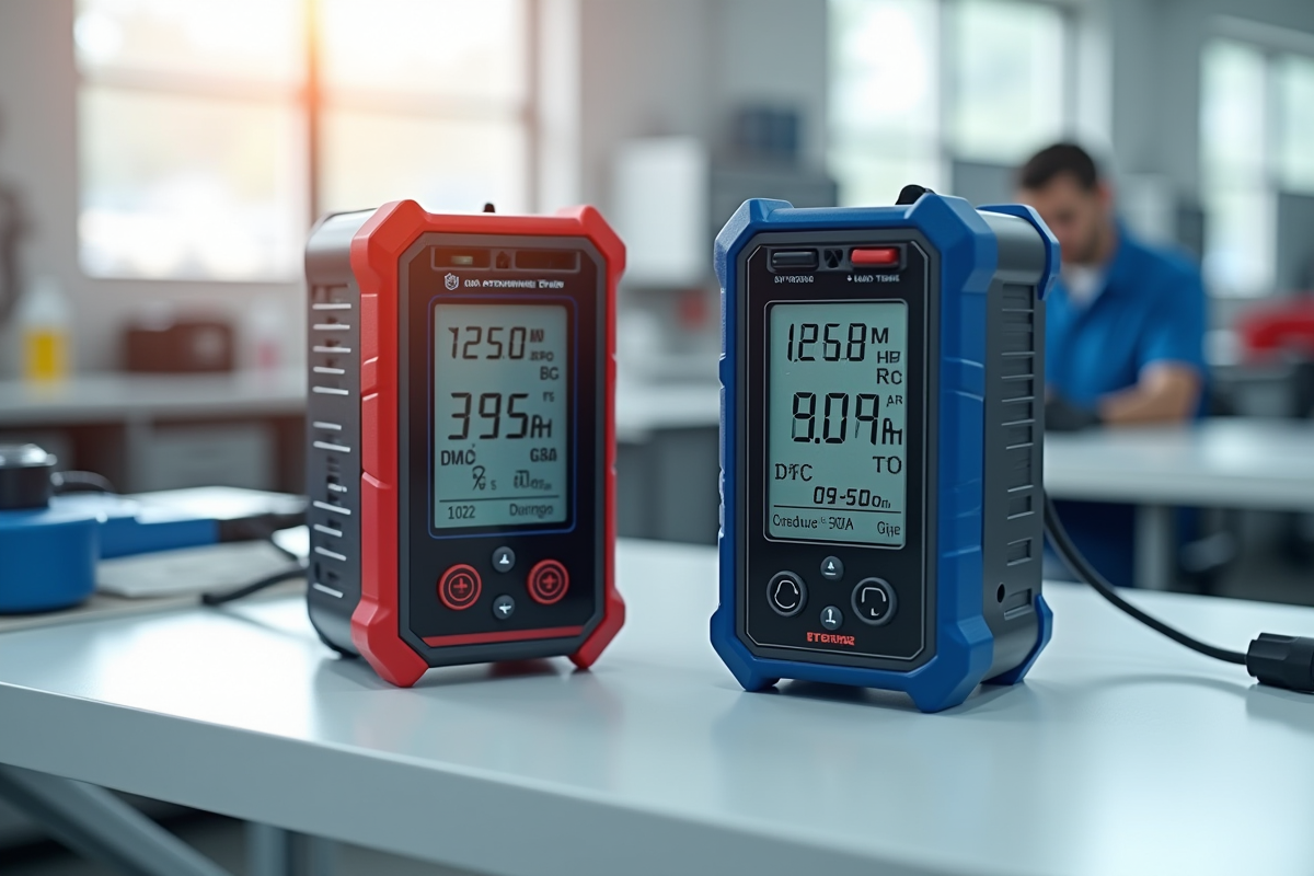 Deux testeurs de batterie automobile sur un plan de travail blanc