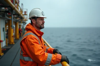 Technicien sur une plateforme pétrolière offshore en mer du Nord, travail en hauteur sur plateforme industrielle en 2026