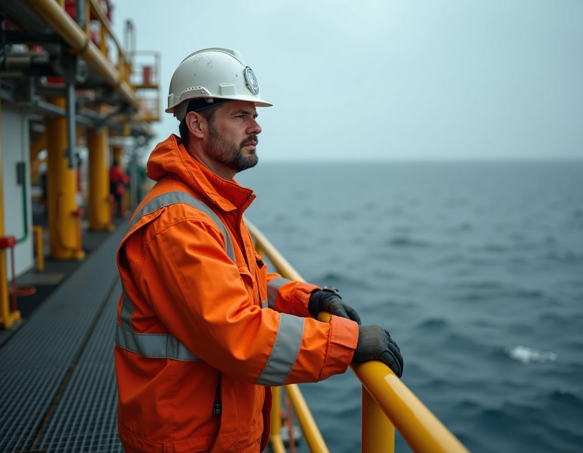 Technicien sur une plateforme pétrolière offshore en mer du Nord, travail en hauteur sur plateforme industrielle en 2026