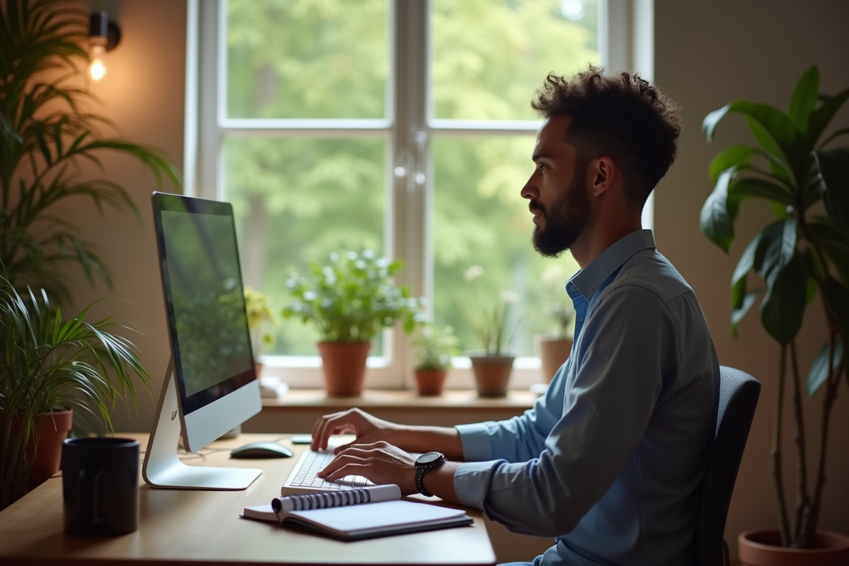Travailleur à domicile dans un bureau cosy lumineux