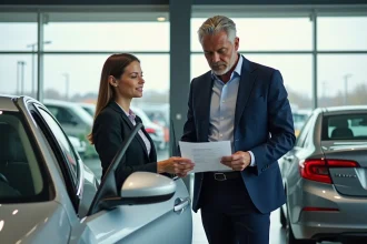 Vendeur automobile montrant le rapport d'historique de véhicule à une cliente rassurée dans une concession moderne