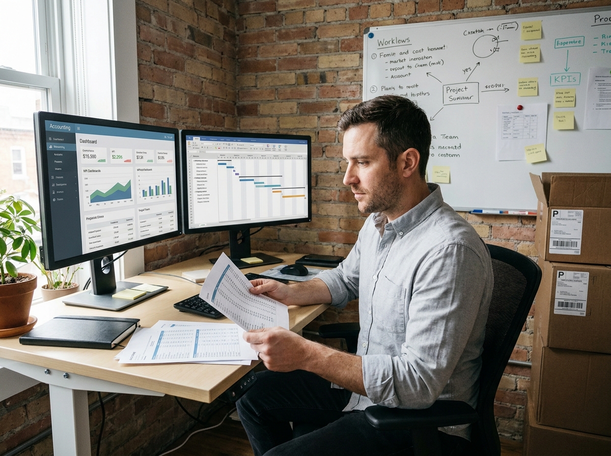 Entrepreneur en phase de croissance vérifiant ses tableaux de bord comptables et ses indicateurs financiers sur ordinateur avant de lancer un projet