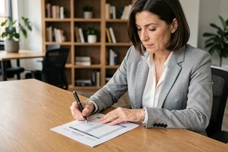 Professionnelle vérifiant une facture acquittée avec une check-list dans un bureau moderne