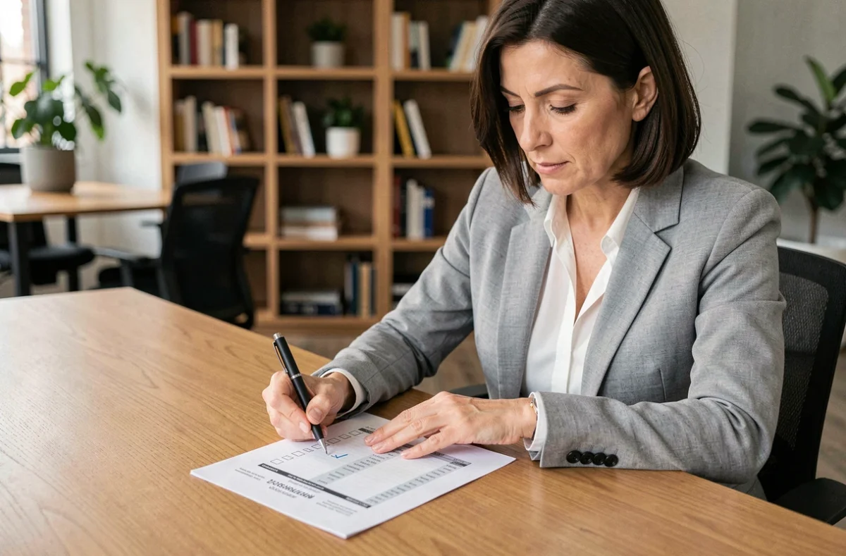 Professionnelle vérifiant une facture acquittée avec une check-list dans un bureau moderne