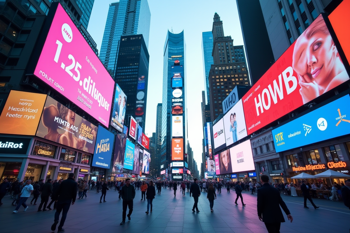 Ville avec panneaux publicitaires numériques et interfaces AR