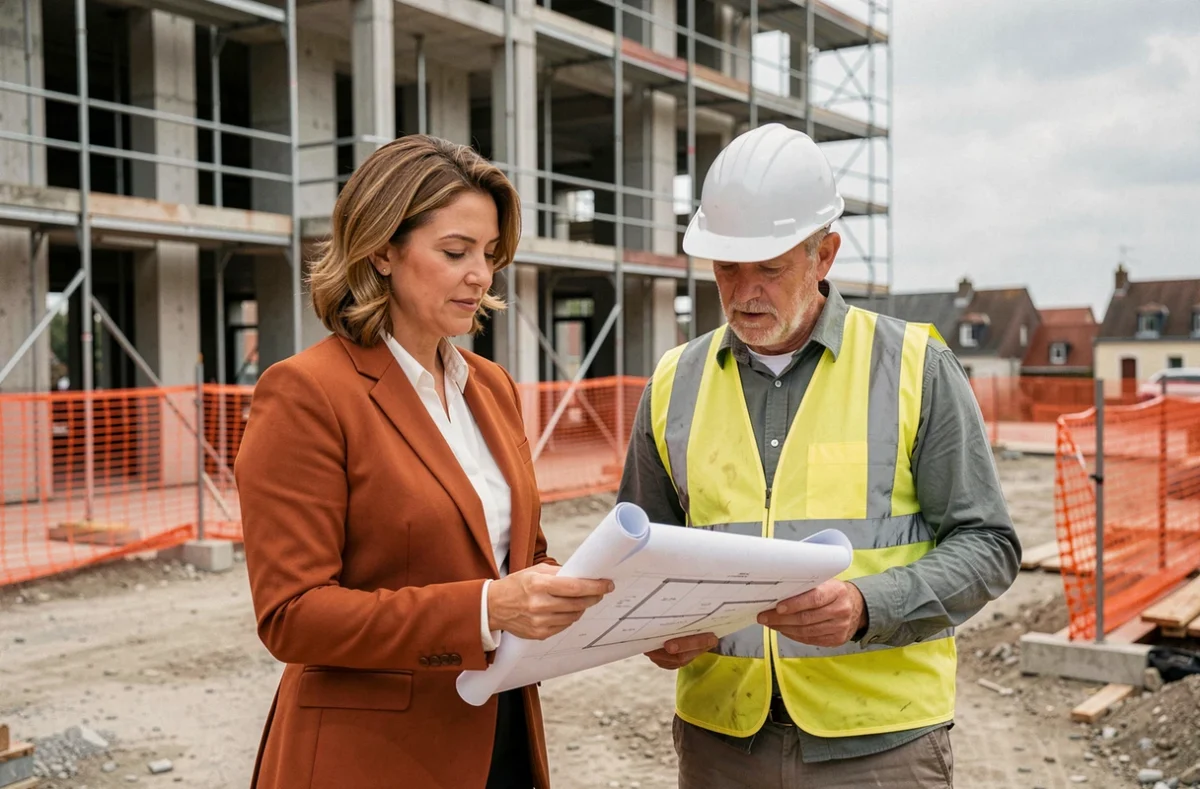 Consultante Yane Vert Conseil en discussion sur un chantier BTP à Rouen avec un chef de projet